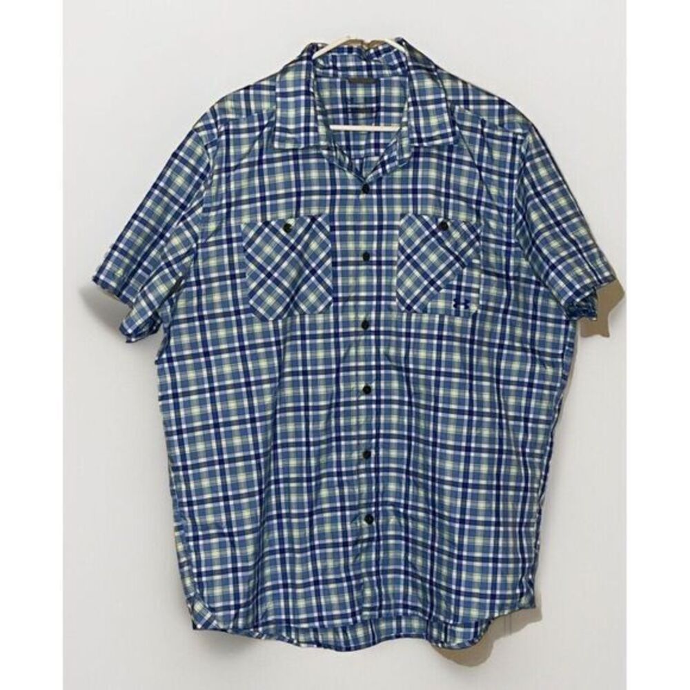 Under Armour Heatgear Shirt Mens XL Blue White Plaid Short Sleeve Button Up - Picture 1 of 6